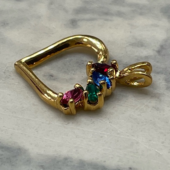 Gold Heart Pendant Charm Multi Color Gemstones VTG Style Rainbow Heart  Charm - Picture 4 of 9